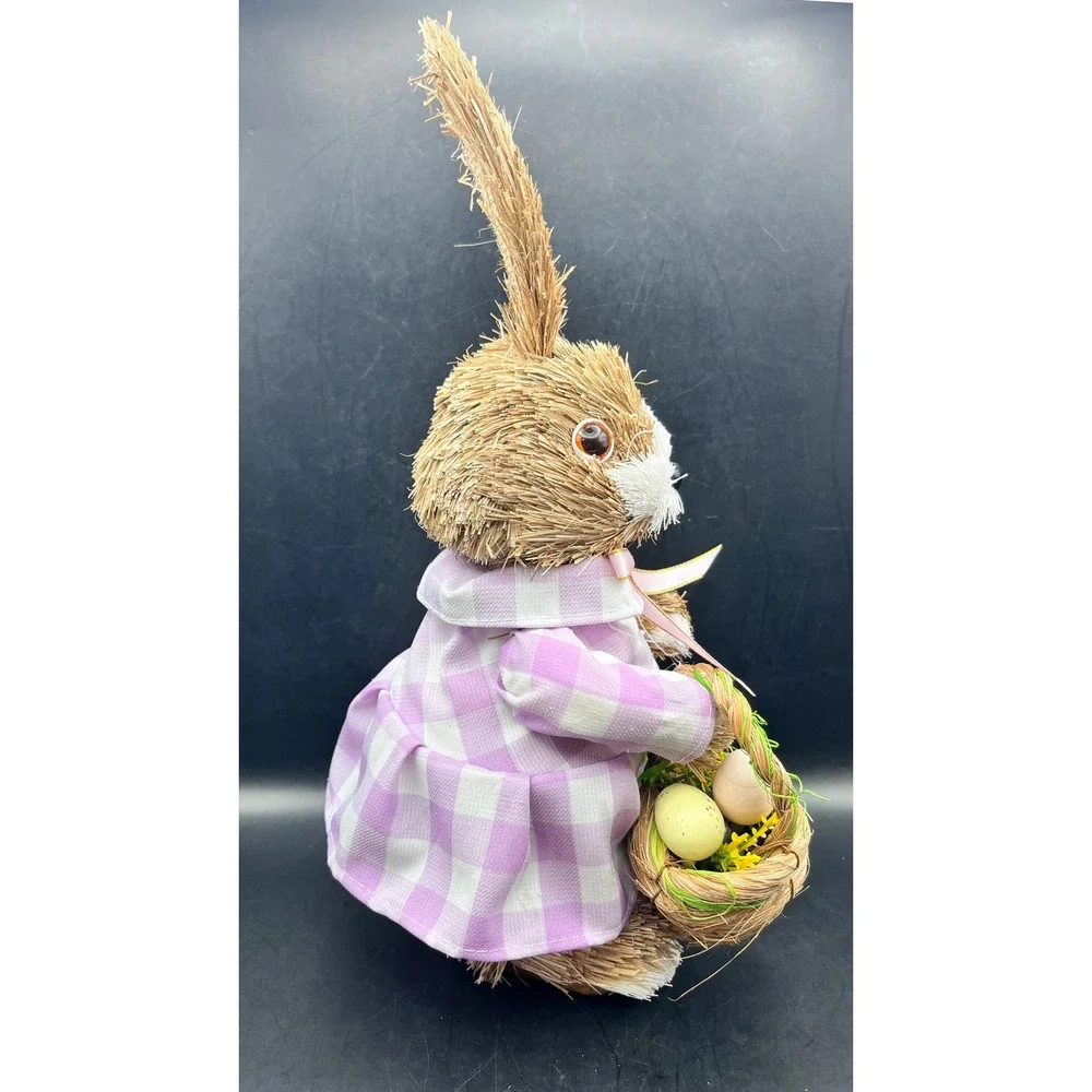 Easter Bunny‎ Figurine Sisal Straw Rabbit Lavender Gingham Dress Basket 12